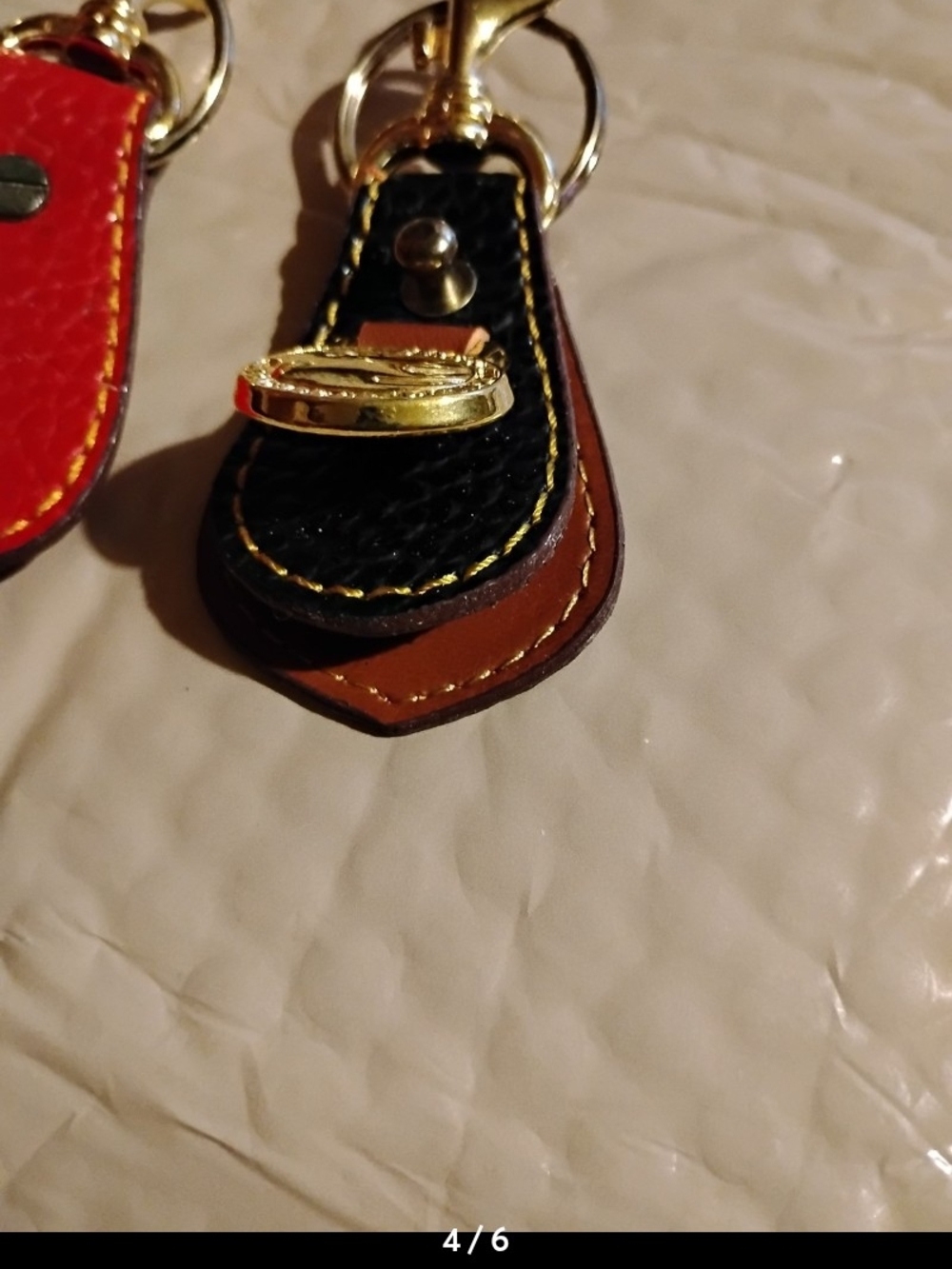 2#Leather Key Fob Pair with Gold Swan Medallions - Red & Black - Picture 4 of 6